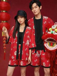 SWAVVY Men's Fashionable Printed Shirt Set, Spring/Summer - Burgundy - View 2