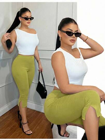 SHEIN SXY Leggings de talle alto de unicolor, versátiles para uso diario, con dobladillo dividido y cortos para mujer