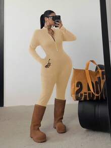 POPSWAY 加大码黑色长袖连体裤，前拉链，腰部收紧，修身剪裁，纯色，百搭，日常穿着 - 卡其色 - 查看 6