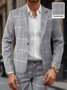 Manfinity Bizformal Men's Plaid Long Sleeve Suit Jacket And Pants Set Men Plaid Suit Mens 2 Piece Set Lapel Men 2 Piece Suit Men Suit Men Dressy Set  Old Money,Daily Leisure, Weekend Trips, Outdoor Activities, Travel Expeditions, Relaxed Work Environments Or Semi-Formal Occasions, Boyfriend/Husband Gift, Anniversary /Birthday Gift Party Summer Vacation Holiday New Years Wedding Valentine's Day - Black and White - View 5