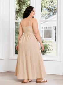 Solflare Summer Boho Plus Size Maxi Dress,Beige Cotton Spaghetti Strap Ruched Bust High Slit Vacation Holiday Dress For Women,Casual Soft & Comfortable Gown - Apricot - View 2