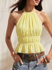 Easelle Camiseta de tirantes con pliegues de color amarillo crema, para primavera/verano - Amarillo claro - Ver 5