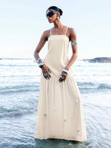 LYSMO Đầm dài xếp ly hai dây màu trơn dành cho nữ hiệu Apricot - Màu vàng ngỗng - Xem 5