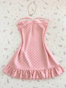 Elamini 女士休闲度假优雅日常百搭时尚外出粉色蝴蝶结装饰网纱波点印花抹胸迷你连衣裙，春夏款 - 粉色 - 查看 2