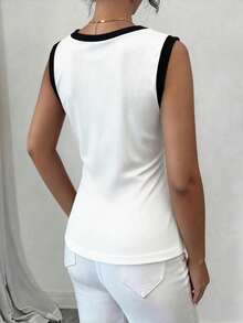 Selianne Áo tank top dệt kim ôm dáng, cổ chữ V, phối màu đen trắng, cài cúc, dành cho nữ, thích hợp cho mùa xuân/hè. - Đen và trắng - Xem 4