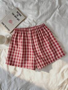 SHEIN Tween Girl Fashionable Elegant Woven Plaid Shorts - Red - View 3
