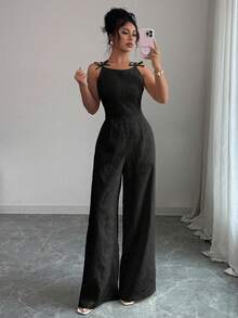 Elenzga Mono elegante de mujer con decoración de lazo en el hombro, tela de jacquard, cintura ceñida, pierna ancha, adecuado para el uso diario - Negro - Ver 6