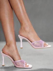 CUCCOO SZL 女士时尚方头高跟粉色网纱水钻露趾凉鞋，一体式套脚凉鞋，时尚迷人性感派对高跟鞋 - 粉色 - 查看 3