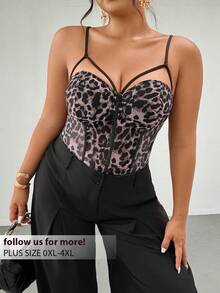 Firerie Plus Size Adjustable Fishbone Cup Leopard Print Bodysuit, Elegant - Multicolor - View 1