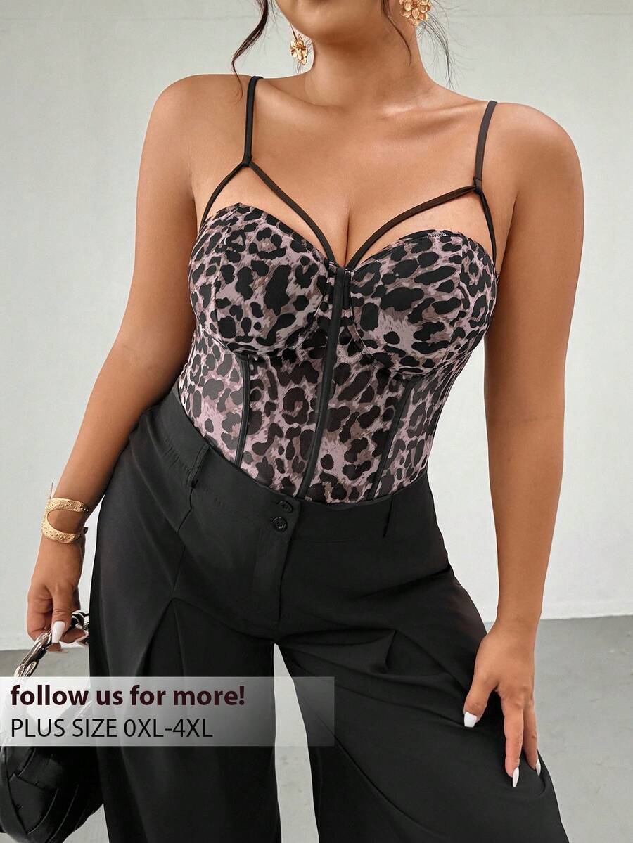 Firerie Plus Size Adjustable Fishbone Cup Leopard Print Bodysuit, Elegant - Multicolor - View 1