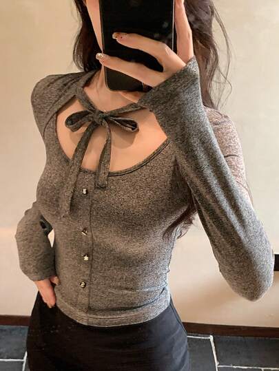 FRIFUL Women's Bowknot Collar Tight Fit T-Shirt With Metal Button Decor, Sweet Long Sleeve Top