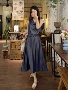 DAZY Women's Tencel Denim Draped Neck Elastic Ruched Waist Sleeveless Denim Dress - Blue - View 3