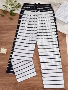 2件套加大码女式条纹腰带休闲睡裤舒适秋冬装 - 彩色 - 查看 2