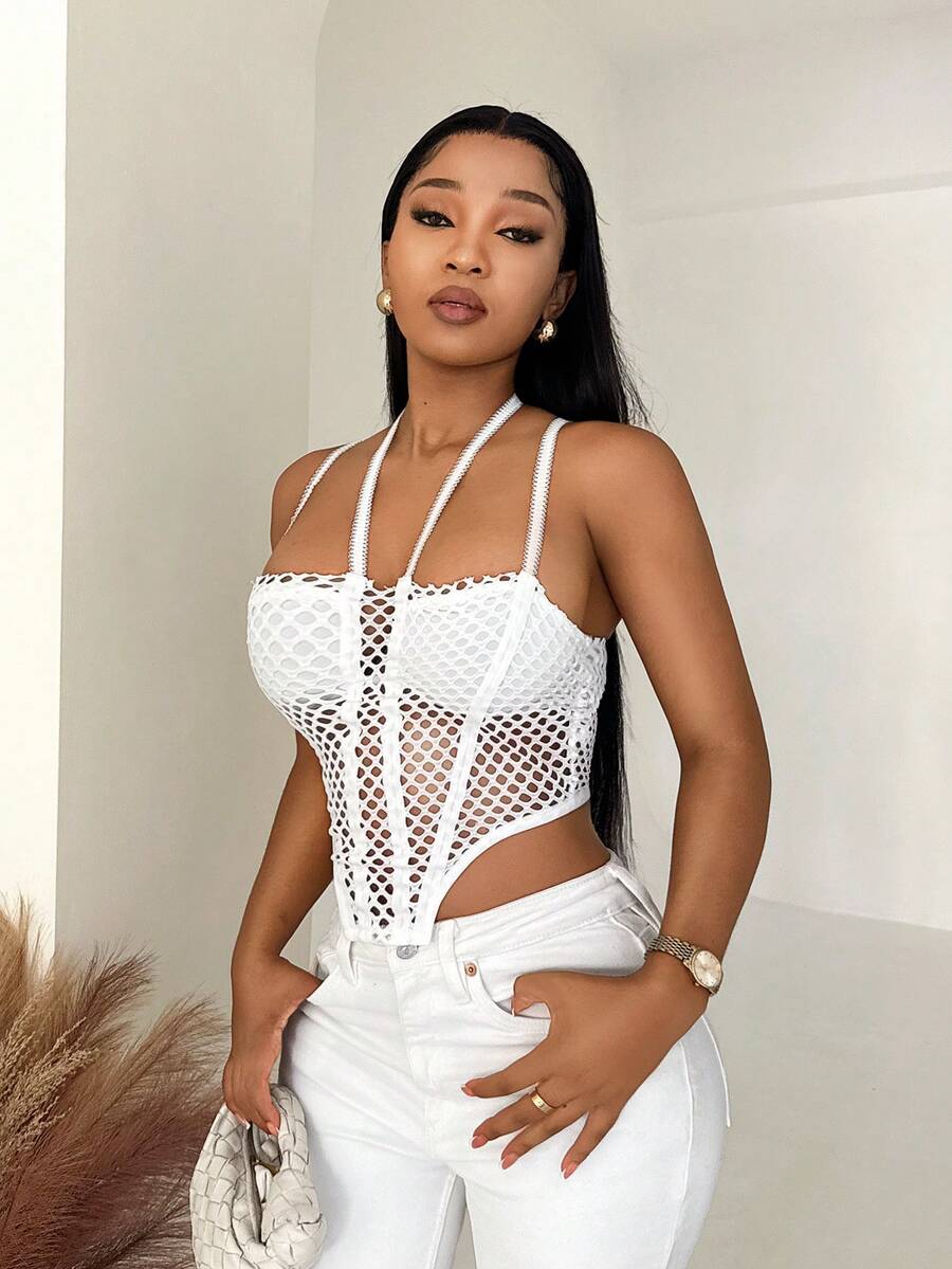 SHEIN BamGlam 2026新款Y2K街头时尚女式上衣，镂空网纱文胸，蕾丝边弹力肩带。音乐节和街头穿搭的完美之选。 - 白色 - 查看 1