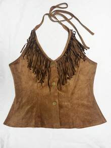 Elin Vora 复古西部风麂皮流苏露背上衣和迷你裙两件套，适合度假、派对、音乐节等场合。 - 棕色 - 查看 3