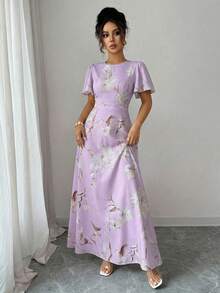 Elenzga 嘉年华紫色荷叶边袖圆领收腰数码印花优雅浪漫女装，适合派对、约会和正式场合。 - 彩色 - 查看 4