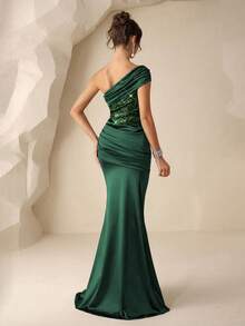 Coutiva 女士优雅亮片拼接荷叶边腰部正式晚礼服 - 墨綠色 - 查看 2