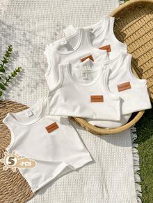 SHEIN Vintaside Kids 5件套休闲白色针织无袖背心，适合叠穿，适合外出、休闲穿着、旅行，适合6个月至3岁的男婴。 - 白色 - 查看 3