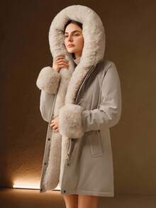 Anewsta 加厚长毛绒领带收腰派克大衣，女士羽绒服 - 米色 - 查看 3