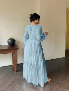 Vibekara 浪漫V领露背长袖连衣裙，飘逸优雅的希腊风格白色女神礼服 - 淺藍色 - 查看 2