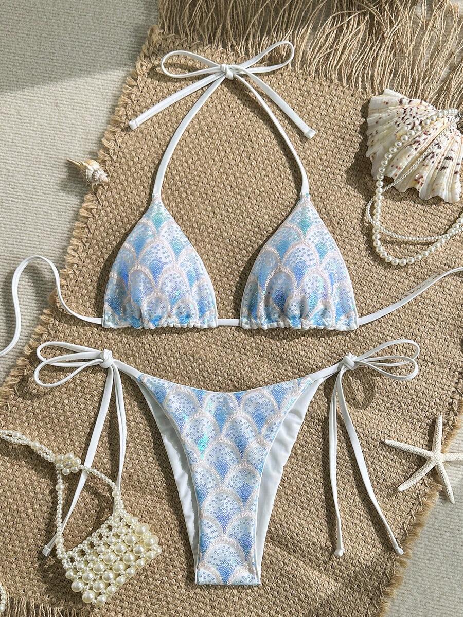 Swim Mod 两件式泳衣，性感挂脖三角胸罩和侧系带比基尼套装，夏季度假，闪光纹理面料 - 彩色 - 查看 1