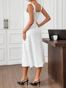 Editum Vestido de punto elástico con cuello cuadrado, sin mangas, con lunares blanco y negro, cintura ceñida, botones de perla, bajo en línea A, elegante para uso diario, ir al trabajo, primavera/verano - Blanco y Negro - Ver 9