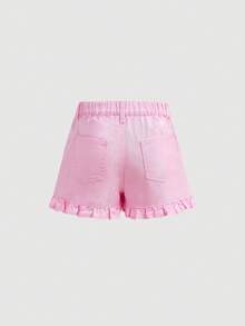 Girlism Tween Girls' Casual Pink Ruffle Hem Denim Shorts, Summer - Baby Pink - View 2