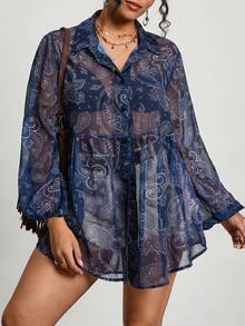 SHEIN CURVE+ 大码女式休闲灯笼袖印花衬衫，适合春、秋、冬三季穿着/秋季/冬季/2026/新年 - 彩色 - 查看 7