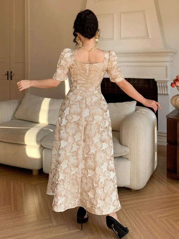 Women's Elegant Floral Textured Square Neck Puff Sleeve Midi Dress, Summer,Wedding Guest Dress Women Sundress