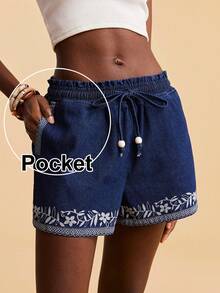 Travachic Casual Women's Medium Wash Denim Mini Shorts With Graphic Pattern And Pockets Straight Leg - Medium Wash - View 1