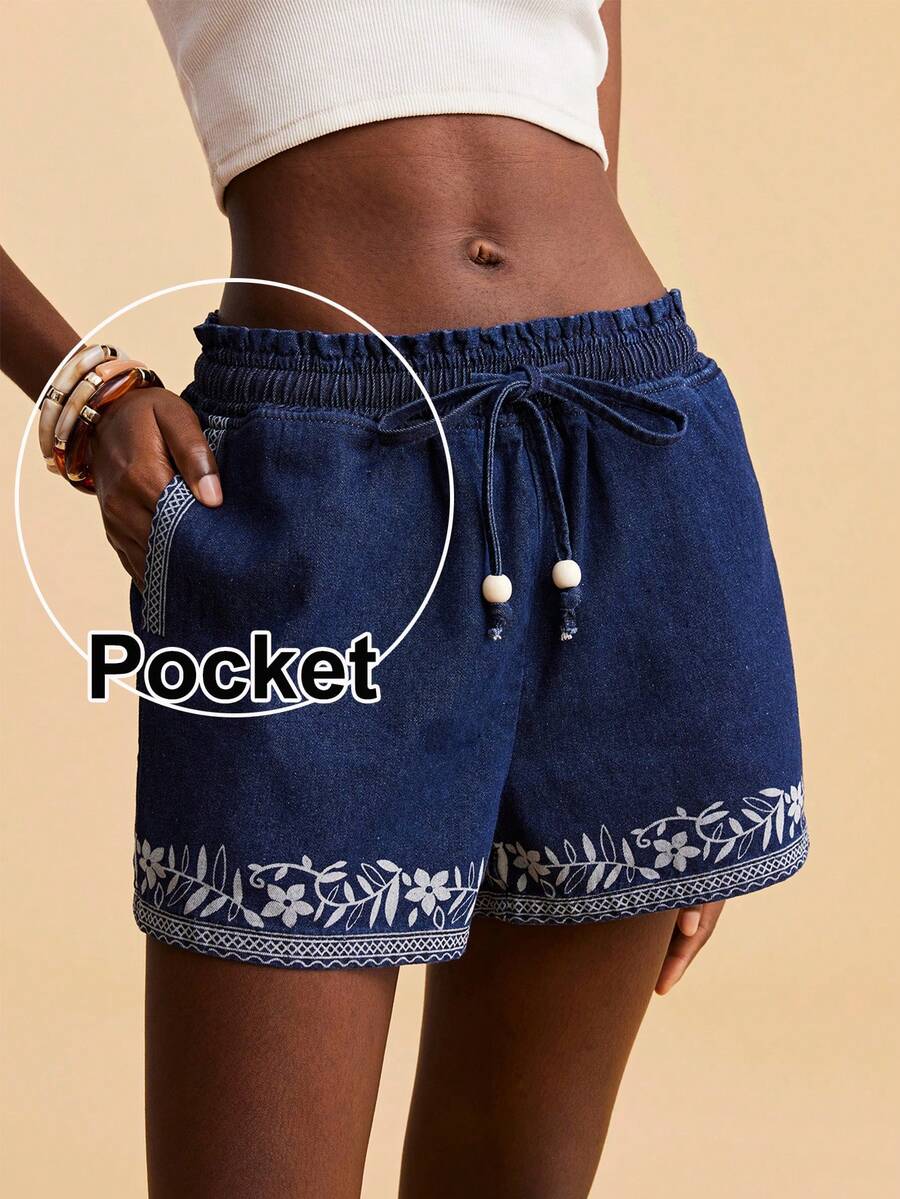 Travachic Casual Women's Medium Wash Denim Mini Shorts With Graphic Pattern And Pockets Straight Leg - Medium Wash - View 1
