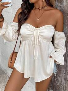 SHEIN VCAY Blus Modis Wanita Ukuran Besar Warna Polos Model Off-Shoulder Lengan Lebar dengan Tali Serut di Depan - Aprikot - View 1