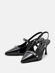 Women's Retro Pointed Toe Mary Jane Leather Shoes, British Style Flats, 2025 Spring/Autumn New Arrival, French Fashion Thick Heel High Heels,Elegant,Party - Black - View 8