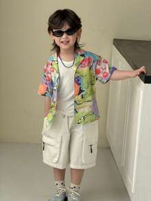 DAZY Young Boys' Drop Shoulder Short Sleeve Front Button Fashionable Printed Casual Shirt - Multicolor - View 6