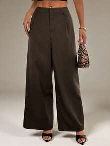 SHEIN PETITE 女士商务休闲裤 女士西式服装 女士阔腿裤 女士办公室服装 宽松裤 专业女士服装 办公室着装 灰色宽松裤 棕色女士裤 女士阔腿裤 女士棕色阔腿裤 高腰裤 女士阔腿裤 - 棕色 - 查看 5