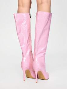 ROMWE Kawaii 经典尖头女士冬季拉链暖石纹理长靴，过膝长靴，高跟鞋 - 粉色 - 查看 6