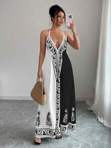 Rafferiza 女士碎花深V领连衣裙 - 黑與白 - 查看 7