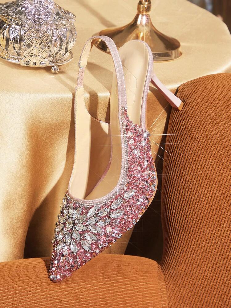 CUCCOO TILAWA Women Shoes Women's Fashion Pointed Metal Rhinestones Sparkling Evening Wedding Lightweight Daily Commuter Party Wind Outdoor Pedal Stiletto High Heel Shoes
