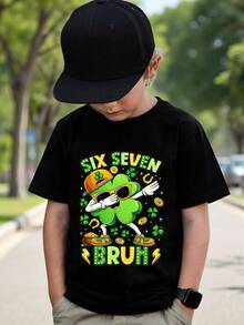 Kleine Jungen Lässig modische kreative personalisierte erfrischende minimalistische Kleeblatt Mütze, Sonnenbrille, Metallmünze, Stern Deko, glänzender Buchstaben Grafik Muster T-Shirt, bequeme Alltagskleidung, gemütliche Sommer- und Herbststile geeignet für Frühling, Sommer, Herbst - Schwarz - Übersicht 3
