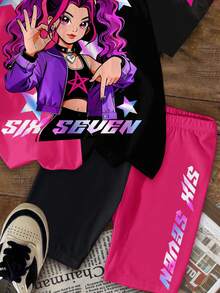 Bộ 2 món dành cho bé gái, phong cách thường ngày, nhiều màu sắc, in hình nhóm nhạc nữ K-POP, chữ cái và ngôi sao, số 67 cá nhân hóa, áo thun cổ tròn tay ngắn và quần short, thích hợp cho mùa hè, hoạt động ngoài trời và kỳ nghỉ. - Nhiều màu - Xem 5