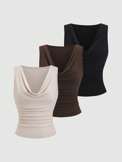 Sweetra 3 Stücke Damen Einfarbiges Geraffter Kragen Lässiges Vielseitiges Top