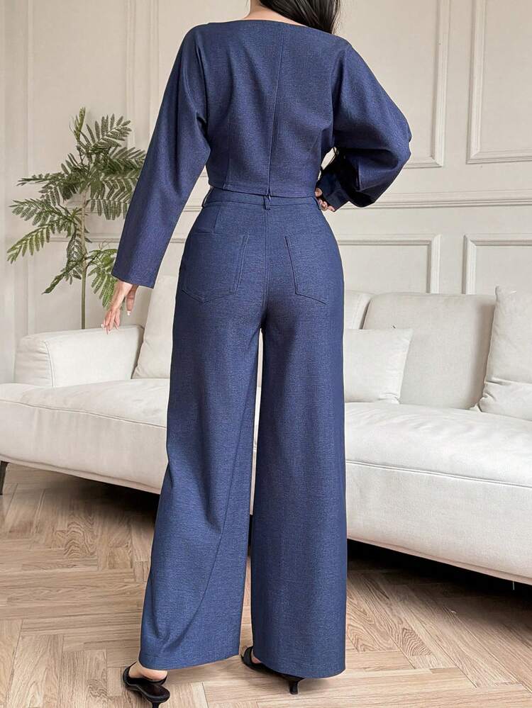 2pcs Women's Casual Denim Effect Off-Shoulder Sweater And Wide Leg Pants Set, Spring