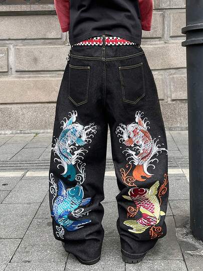 STEELVANCE Vintage Streetwear Fashion Versatile Heavy Embroidery Loose Straight Leg Casual Jeans