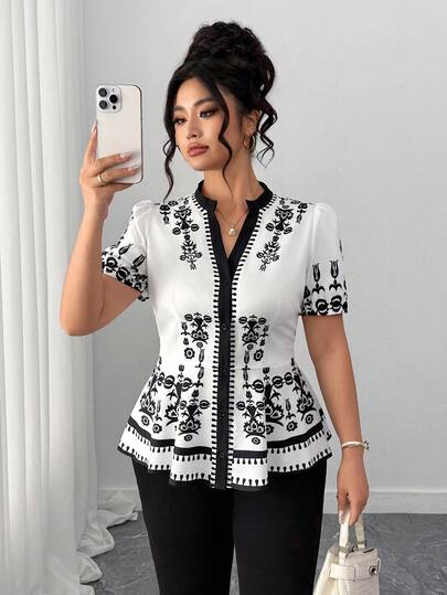 Elenzga Women's Elegant Vintage Floral Print Mandarin Collar Short Sleeve Blouse