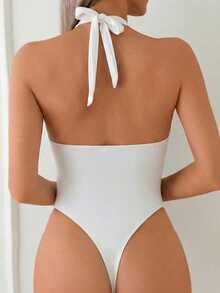 Swim Basics Springbreak Women Backless Deep V-Neck Sexy Halter High Cut Hollow Out One-Piece Swimsuit, Festival Boho - White - View 2