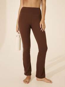 Aralina Leisurewear Active Spring Summer Exercise Vacation Beach Wide Waistband Butt Lifter Fitted Side Stripe Legging Pant - Brown - View 5