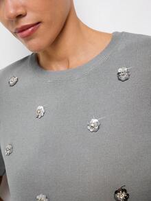 Maija Áo thun nữ cổ tròn tay ngắn đính sequin họa tiết hoa, kiểu dáng thường ngày, đa năng, thích hợp mặc hàng ngày, mùa hè, kỳ nghỉ hè, mùa xuân, dự tiệc, đi biển, đi chơi, thanh lịch, áo sequin lấp lánh. - Màu Xám nhạt - Xem 5