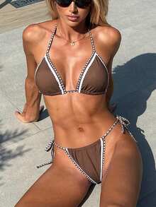 Bonvoyette-D 夏季棕色三角抽绳系结蕾丝花边网纱印花露背侧腰交叉系带性感女士沙滩比基尼泳装套装 - 棕色 - 查看 5