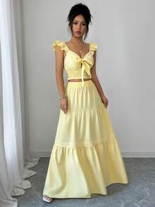 Elenzga New Women's Square Neck Ruffle Sleeve Front Tie Bow Waist Design A-Line Skirt, Vacation Casual Fashion Young Daily Versatile Flattering Elegant 2-Piece Set - Yellow - View 8