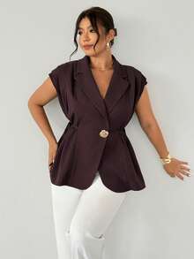 Firerie Plus Women's New Casual And Elegant All-Match Metal Button Linen Brown Thin Suit Jacket/Imitation Linen Suit Jacket/Pleated Tie Top/Business Casual Women/Teacher Wear Women/Retro Clothes Women/Autumn And Winter - Red - View 4